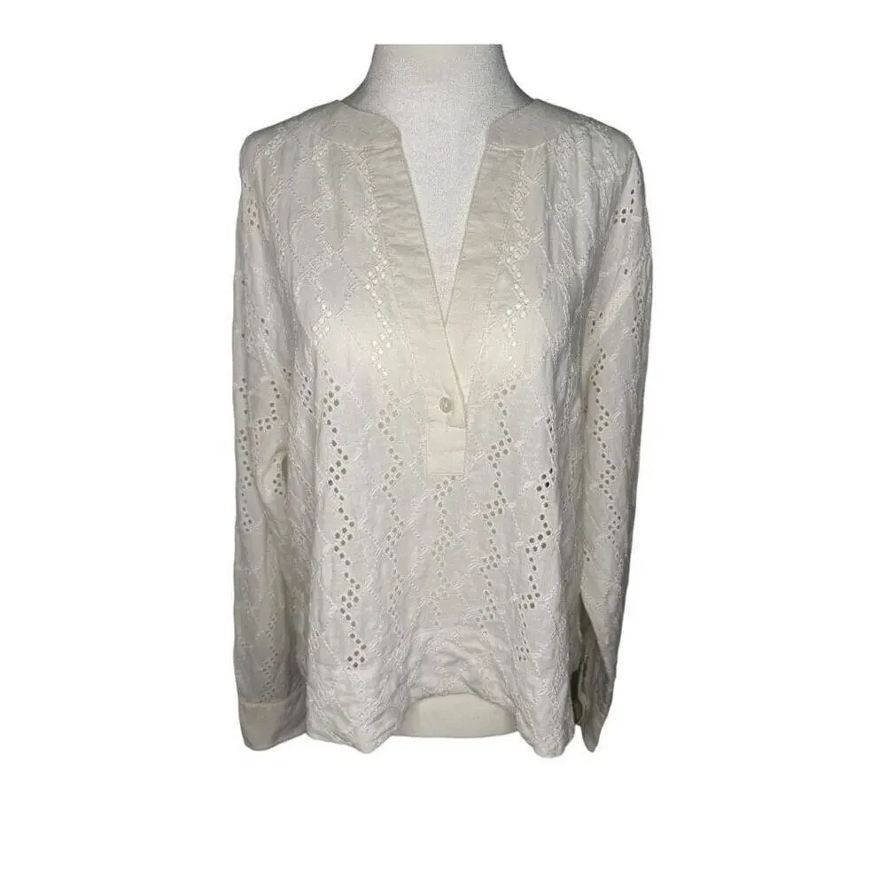 NEW Madewell Women’s Small Soft White Long-Sleeve Popover‎ Top in Eyelet NWT